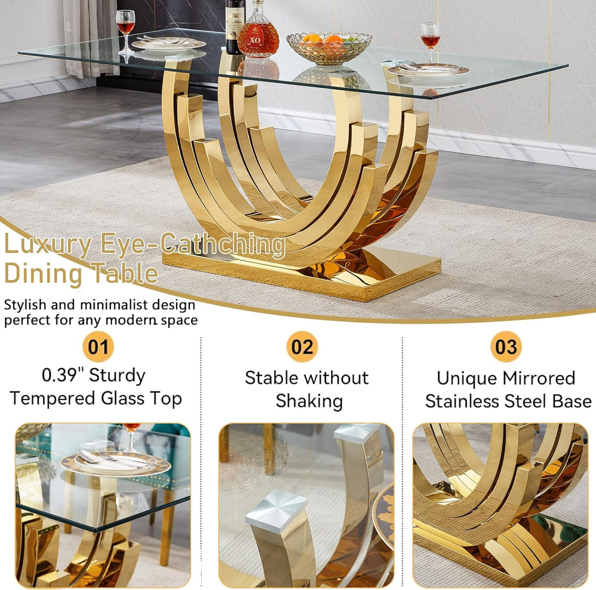 70inch Luxury Dining Table for 4 6, Modern Glass Kitchen Dining Room Table with Gold Mirrored Steel Base,Large Rectangle Tempered Glass Top Dinner Tables for Kitchen, Dining Room