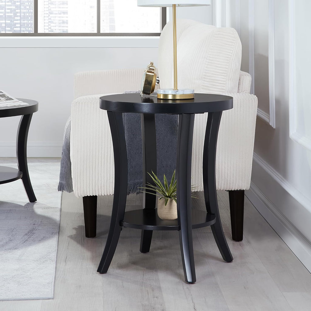 Convenience Concepts Charleston Round End Table 30" - Classic Living Room Side Table with Storage Shelf for Transitional Living Room, Family Room, Black