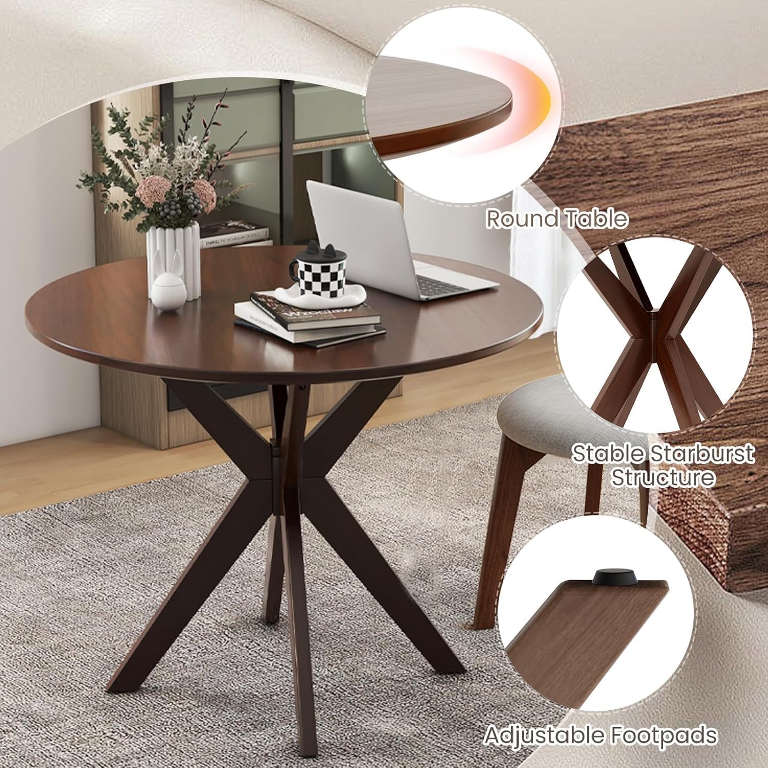 NAFORT Round Dining Table Set for 2, Mid-Century Modern Table and Chairs, Wood Kitchen Table w/Cushioned Chairs, Compact 3 Piece Dinette Set for Office, Bistro, Small Spaces, Kitchen, Restaurant