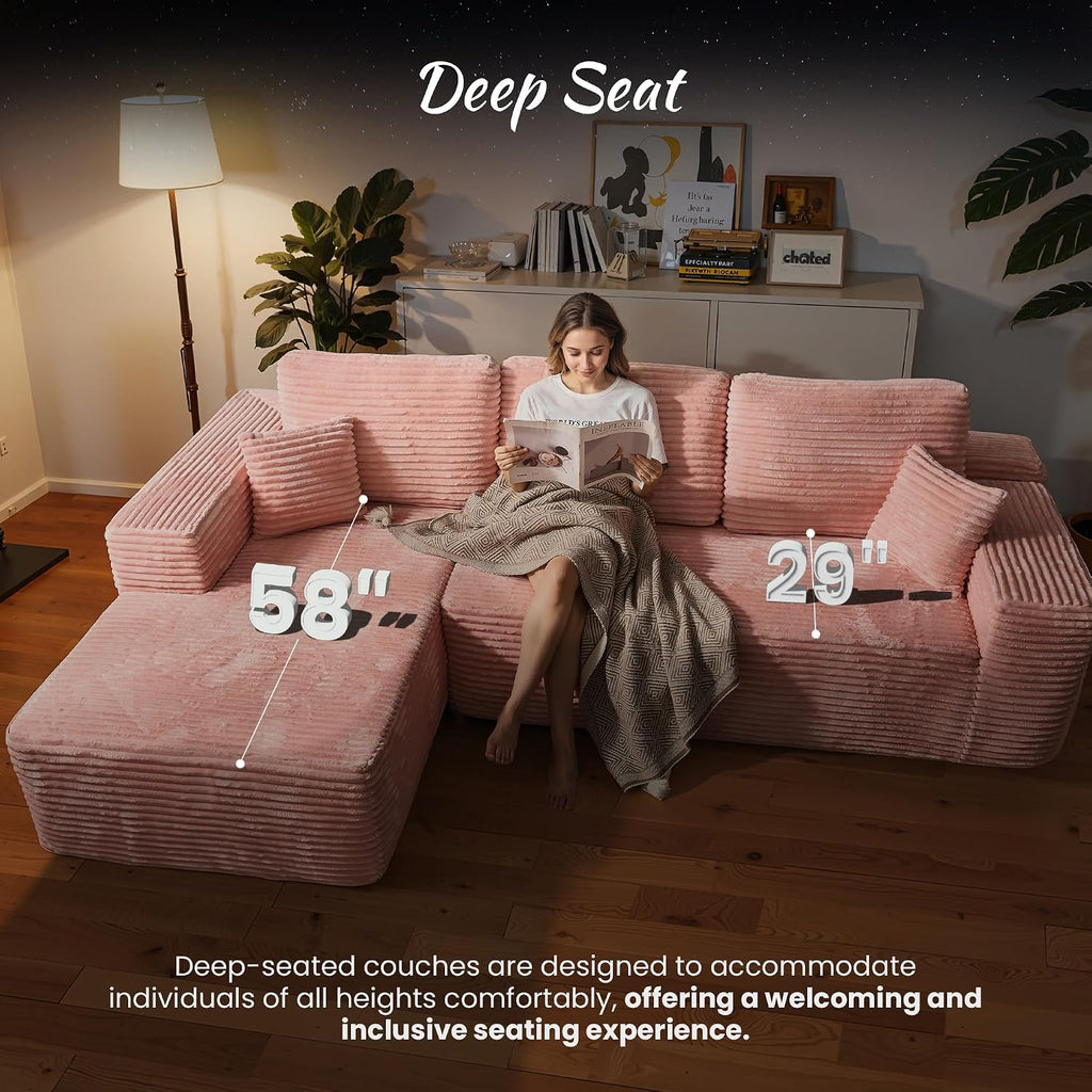 ovios 104" Cloud Couch with Glitter Fabric, Moudular Sectional Sofa with Deep Seat, No Assembly Required, Modern Minimalist L Shaped Couches with Chaise for Living Room, Pink
