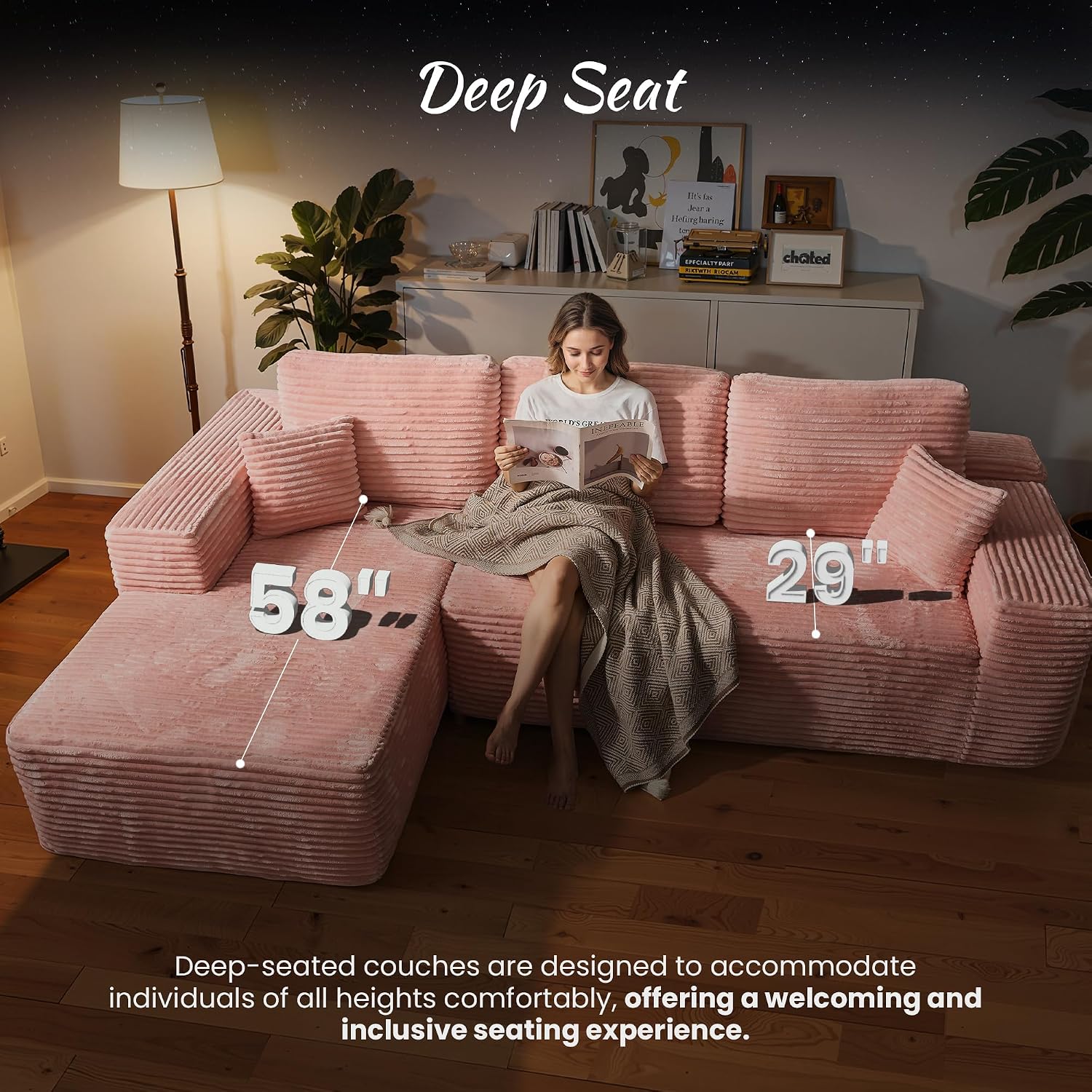 ovios 104" Cloud Couch with Glitter Fabric, Moudular Sectional Sofa with Deep Seat, No Assembly Required, Modern Minimalist L Shaped Couches with Chaise for Living Room, Pink
