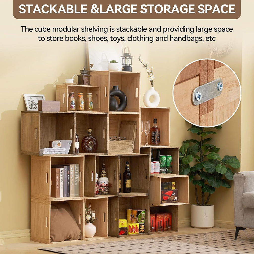 KIRIGEN Stackable Wood Storage Cube with Handles, Open Cubby Bin, Brown