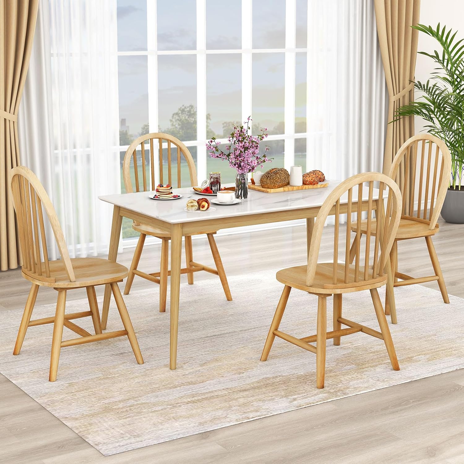 18" Oak Dining Chairs Set of 2, Wood Windsor Chair with Spindle Back for Country Farmhouse Kitchen Island