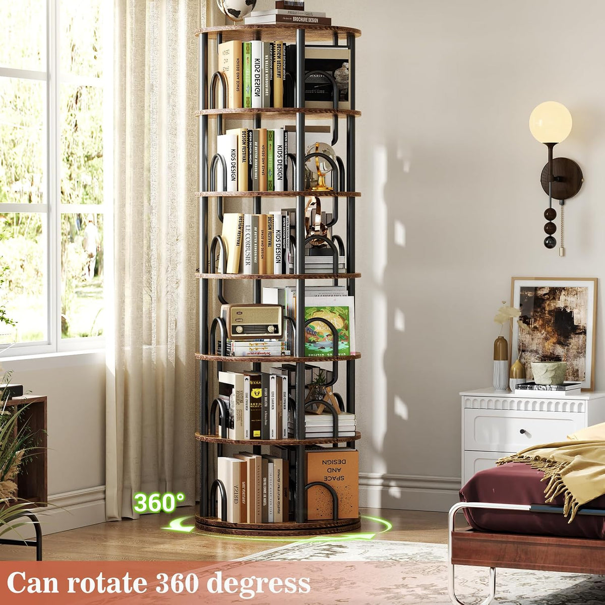 Aheaplus 6 Tier Rotating Bookshelf Tower, Revolving Bookcase, Rustic Brown