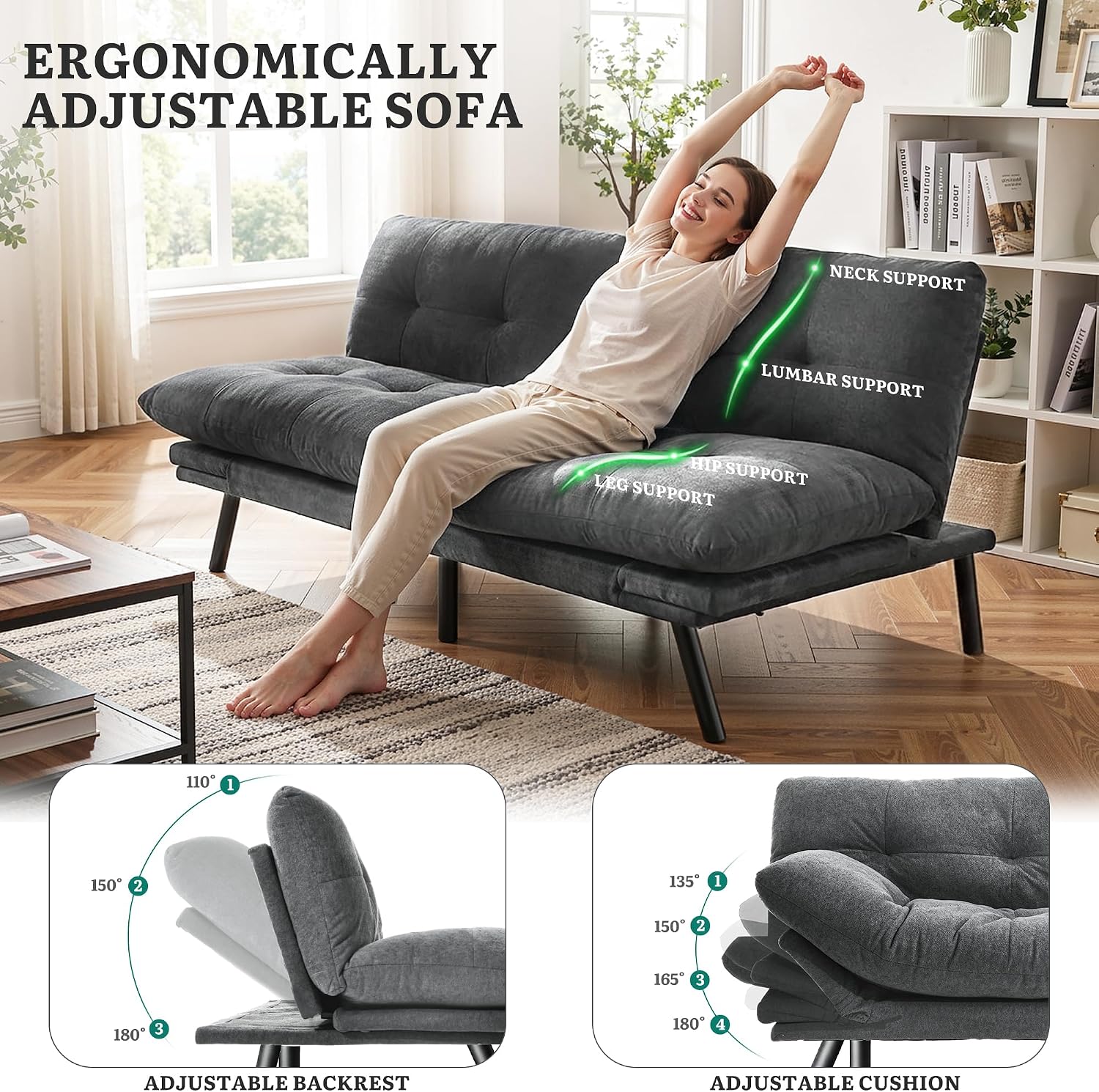 YITAHOME Convertible Futon Sofa Bed,70" Folding Futon Couch | Modern Memory Foam Loveseat Sleeper Recliner w/ Adjustable Backrest& Armrests,for Living Room Home Office Aprtment,Dark Gray