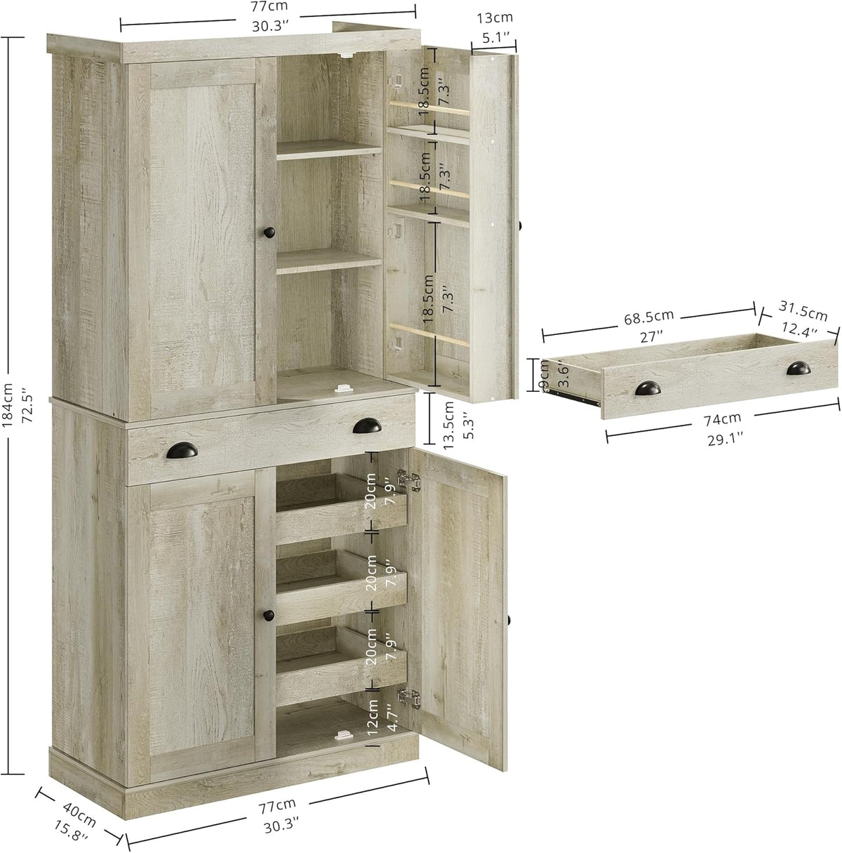 IRONCK Kitchen Pantry Cabinet 72" Height, Freestanding Cupboard with Drawer, Sliding Storage Rack, and 6 Hanging Shelves for Dining Room, Laundry, Rustic Maple