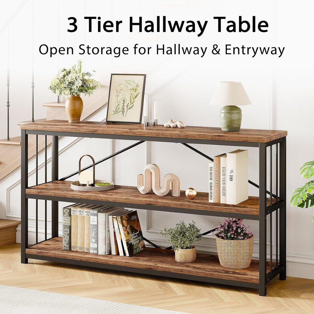 LVB Industrial Console Entryway Table, Metal Wood Rustic Brown, 55 in | Farmhouse 3 Tier Shelf Long Hallway Foyer Entry Tables Behind Couch, Sofa Table for Home Living Room Entryway