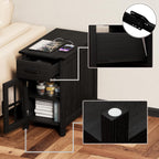 Farmhouse End Table with Charging Station, Narrow Side Table for Living Room, Sofa Side Table with Drawer and Storage Cabinet, Small Nightstand for Bedroom, Home Office