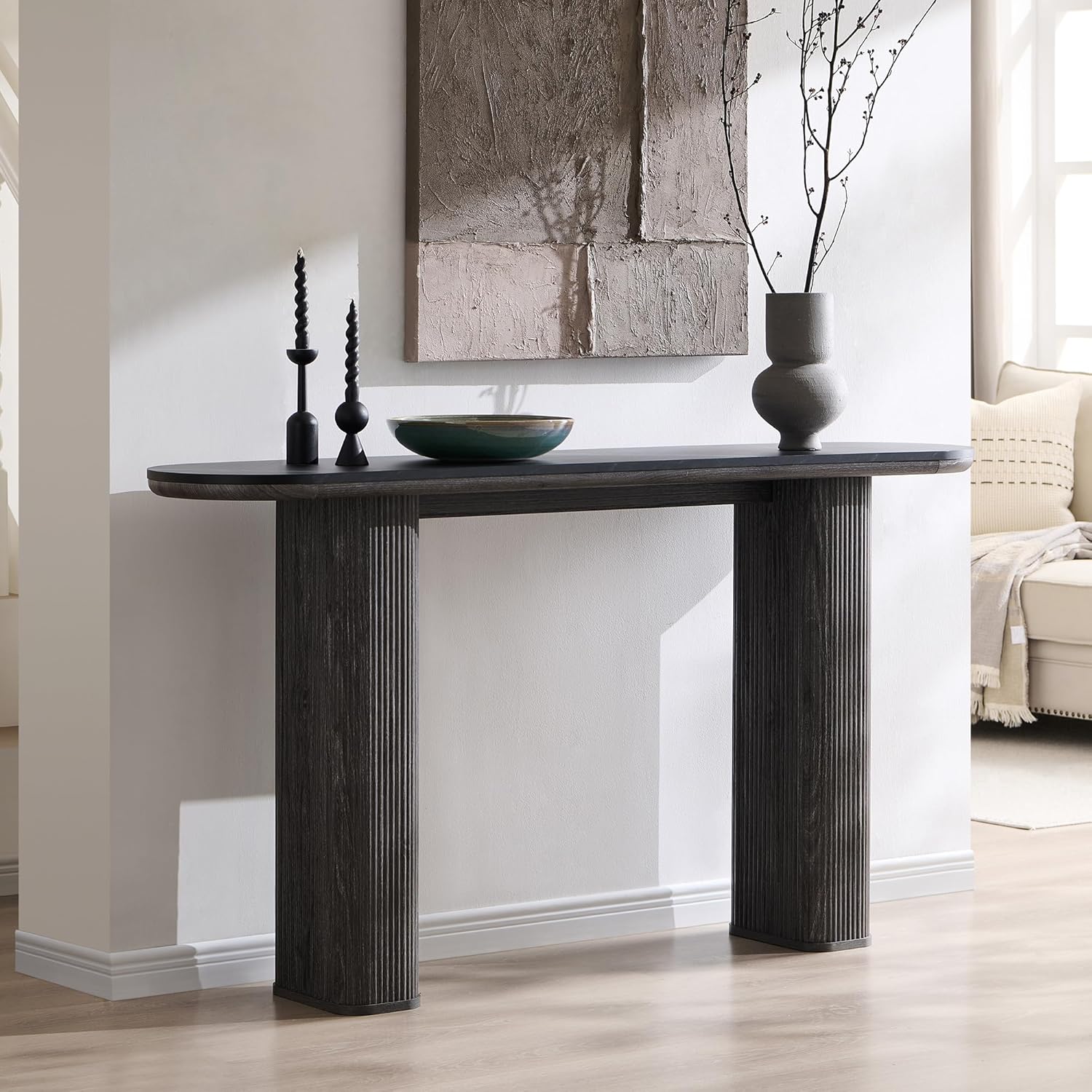 OKD 63" Modern Console Table with Arc Faux Marble Texture Top, Fluted Wood Base, Contemporary Entryway Sofa Table for Living Room, Hallway, Foyer, Dark Alder