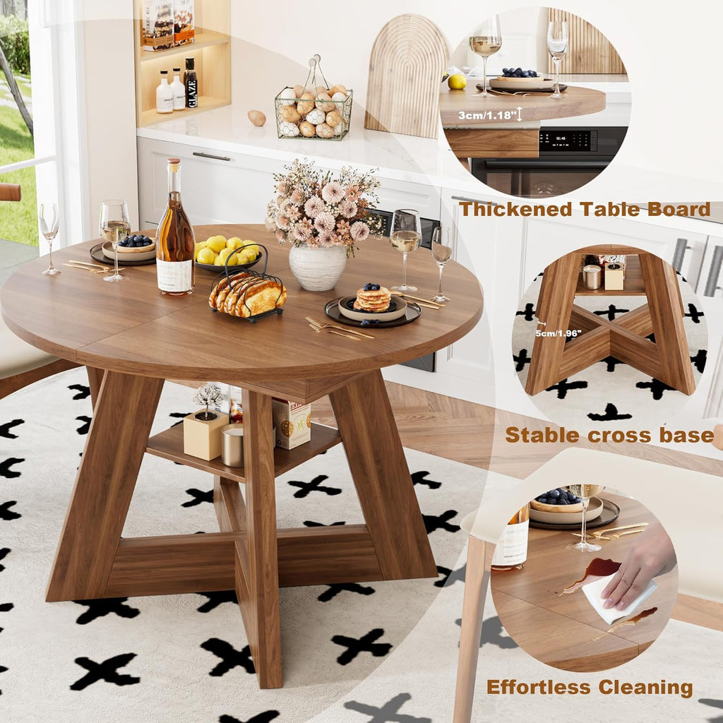 43.3in-59in Extendable Dining Table for 4-6, Round Kitchen Dining Room Table with Removable Leaves Space Saving, Space Saving, Wooden Cross Base with Storage Shelf for Kitchen Living Room (Walnut)