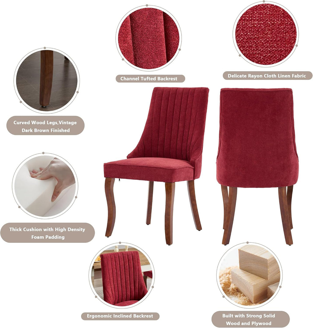 Aoowow Linen Blend Upholstered Dining Chairs Set of 2,Channel Tufted Dinner Chairs for Kitchen with Solid Wood Legs,Neutral Fabric Side Chairs for Dining Room,Living Room(Wine Red)