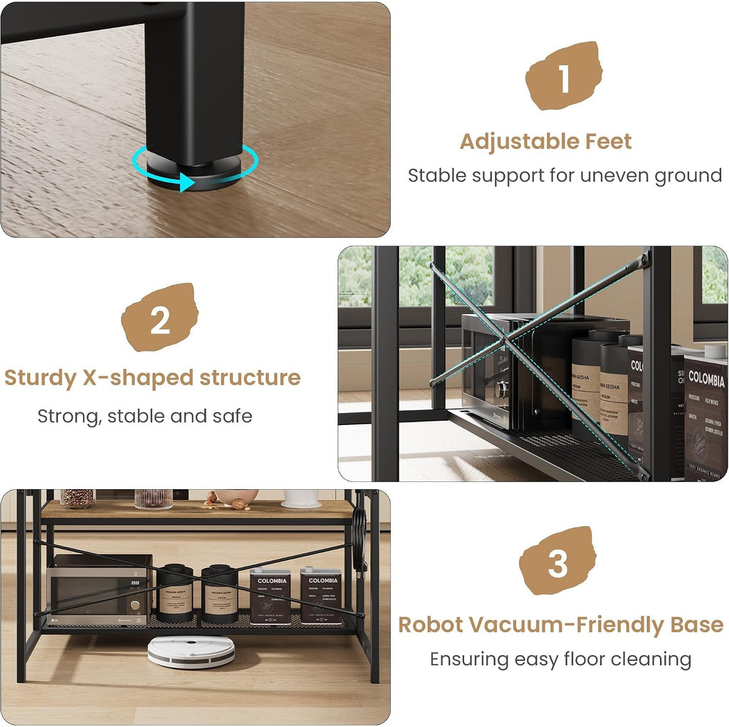 Kitchen Microwave Stand Coffee Bar Table with Storage, Natural | Small Kitchen Island with Power Outlet, 2 Bar Stools ＆ 5 Hooks, adjustable Industrial Bakers Rack for Apartment Dining Room