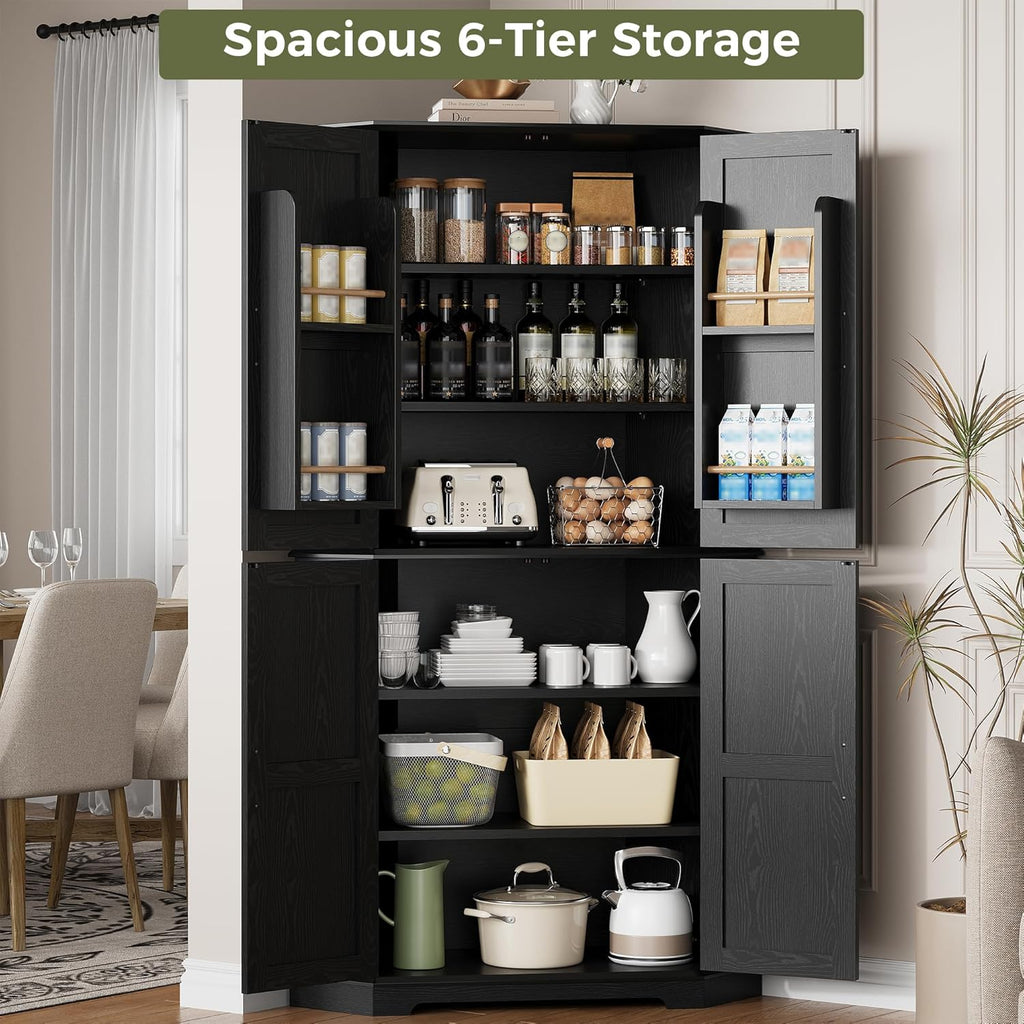 IRONCK Corner Cabinet, 72" Kitchen Pantry Cabinet, 6-Tier Freestanding Farmhouse Pantry with 2 Adjustable Shelves, 240°Swivel Doors, 2 Doors Storage, Spacious Hutch for Kitchen, Living Room, Black