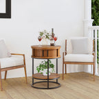 Turtle&Myrtle Small Round Side Table with Storage, 2-Tier Wooden End Table with Sliding Door and Shelf, Mid-Century Circle Nightstand for Living Room, Bedroom, Walnut, 2PC