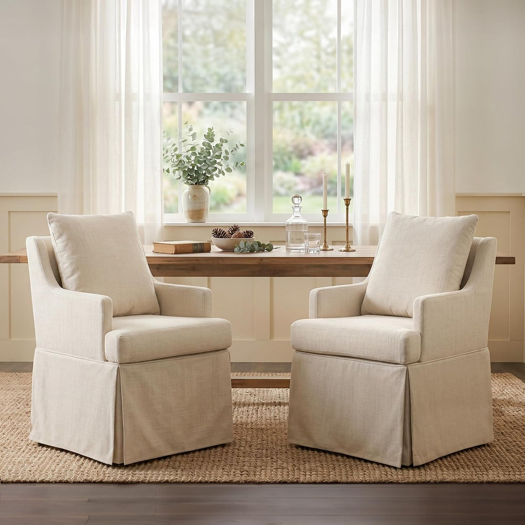 UVV Upholstered Dining Chairs Set of 2, Modern Kitchen Chair Dining Room Chair with 4 Casters, Linen Armchair for Bedroom Reading Room Living Room,Beige