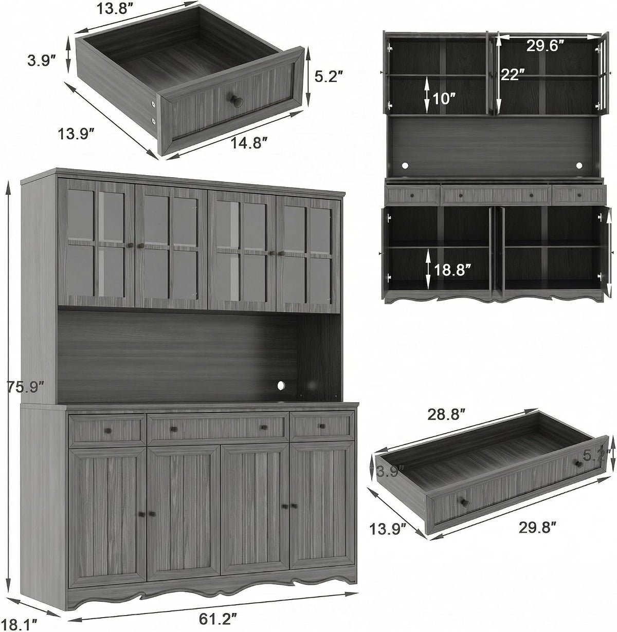 Timechee 75.9" Tall Kitchen Pantry Storage Cabinet with Drawers, Farmhouse Storage Hutch Cabinet with Doors and Shelves, Kitchen Food Pantry Cupboard and Coffee Bar Station for Dining Room, Grey
