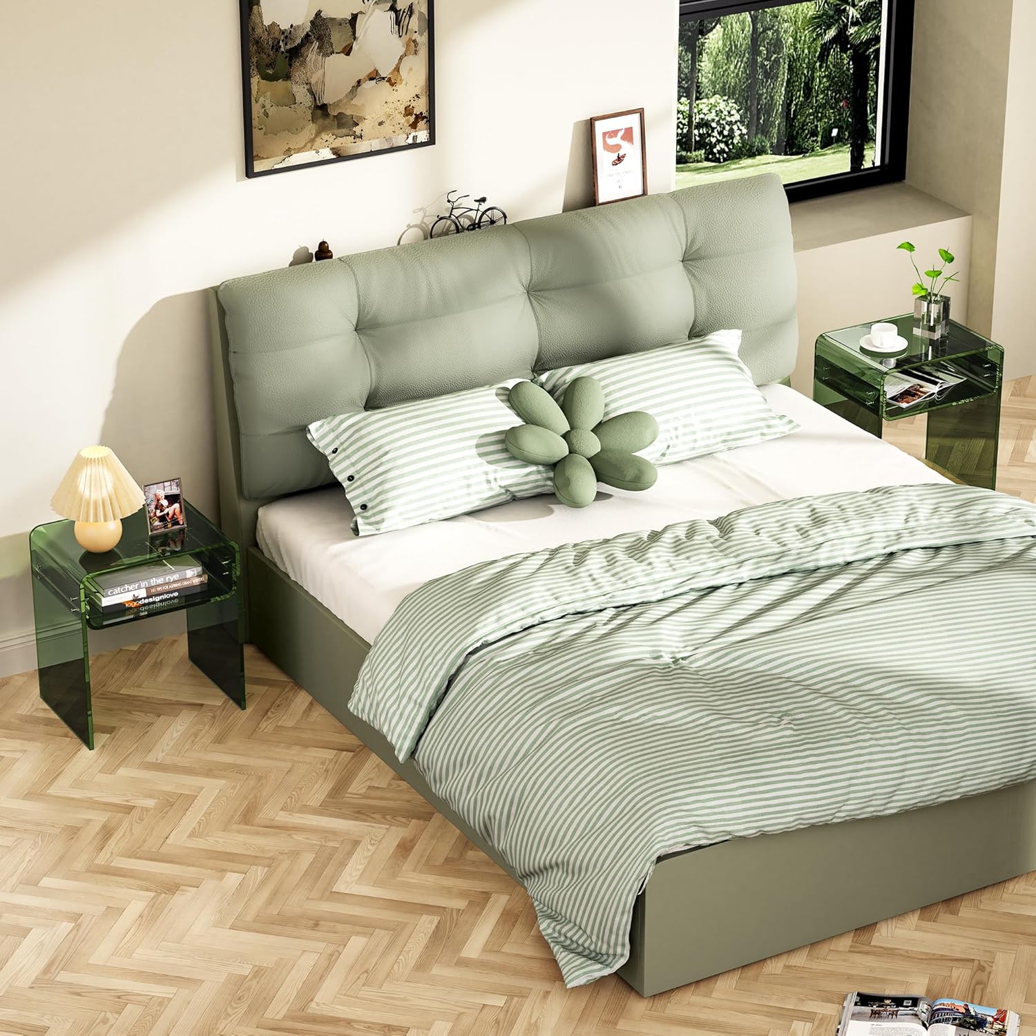 Clear Acrylic End Table 2-Tier Bedside Nightstand for Living Room Bedroom (1, Green Double)