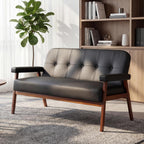 50”W Black Leather Small Office Couch, Loveseat Sofa with Wooden Arms