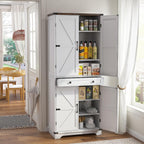 71" Tall Kitchen Pantry Storage Cabinet with Drawer & 4 Barn Doors, Freestanding Storage Cupboard with Adjustable Shelves, Large Capacity Floor Cabinet for Kitchen, Dining Room, Bathroom, White