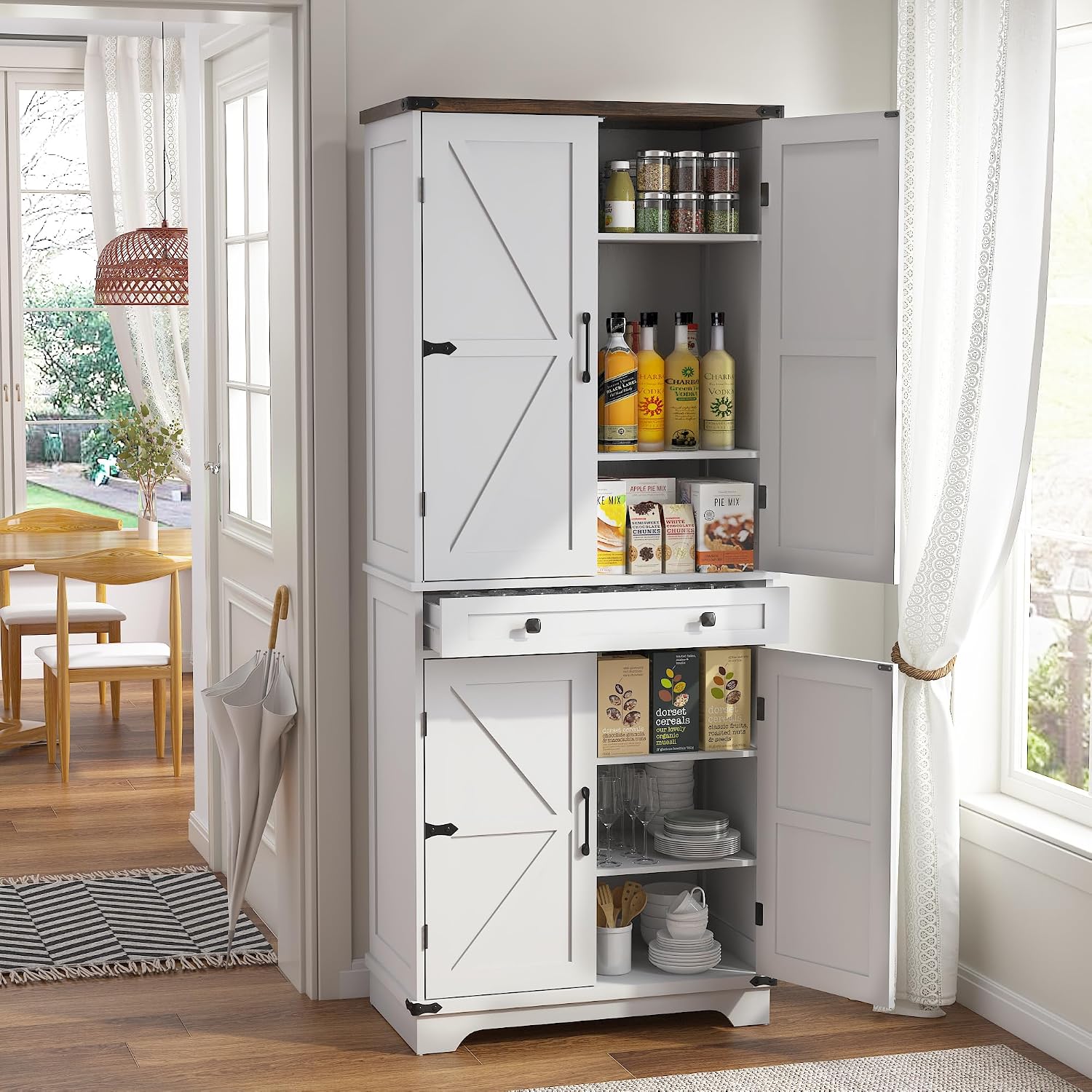 71" Tall Kitchen Pantry Storage Cabinet with Drawer & 4 Barn Doors, Freestanding Storage Cupboard with Adjustable Shelves, Large Capacity Floor Cabinet for Kitchen, Dining Room, Bathroom, White