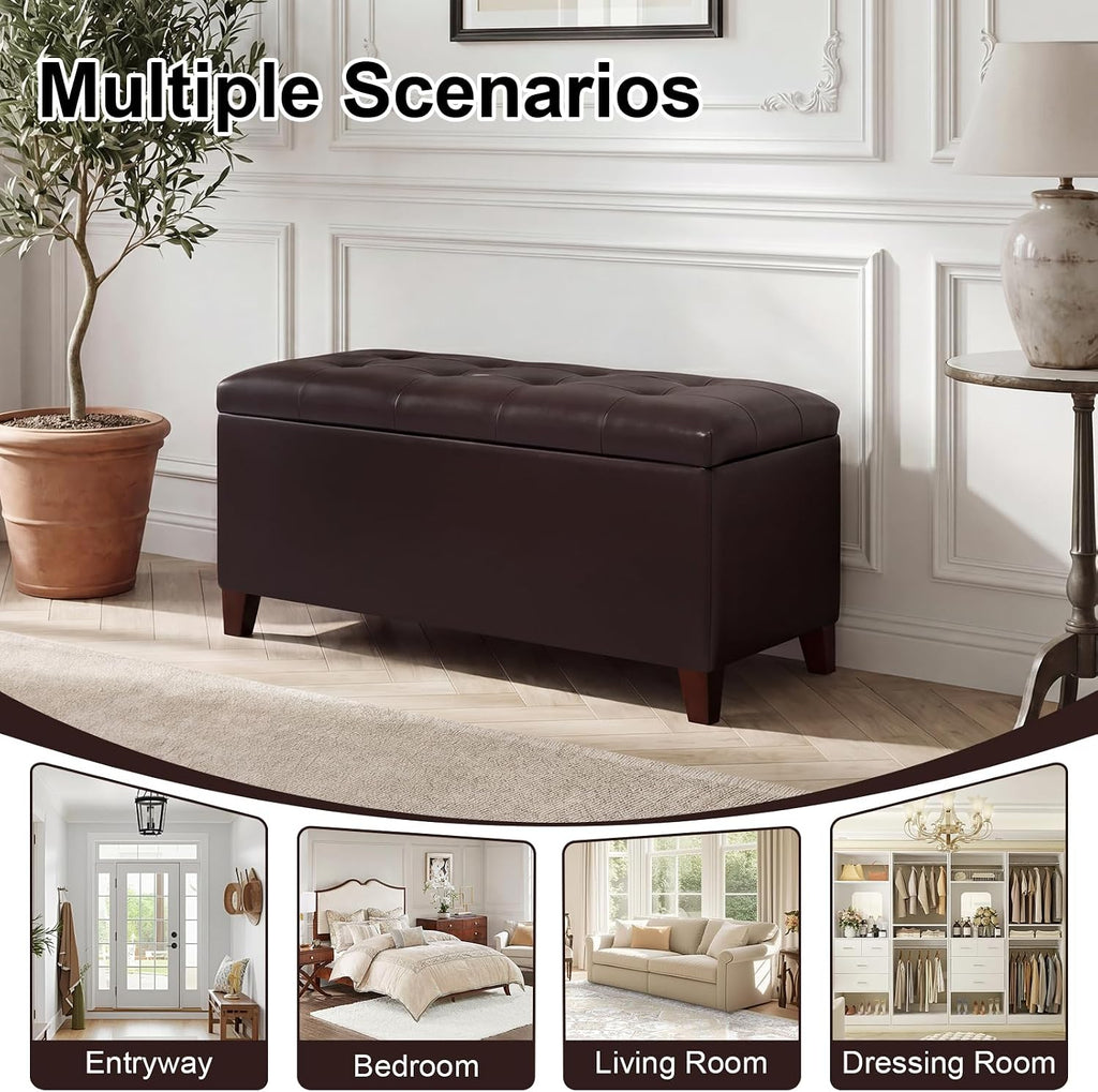 Asense Storage Ottoman Bench, 33" Faux Leather Upholstered End of Bed Bench with Safety Hinge,Wooden Legs,for Entryway Bedroom Living Room,Chocolate Brown