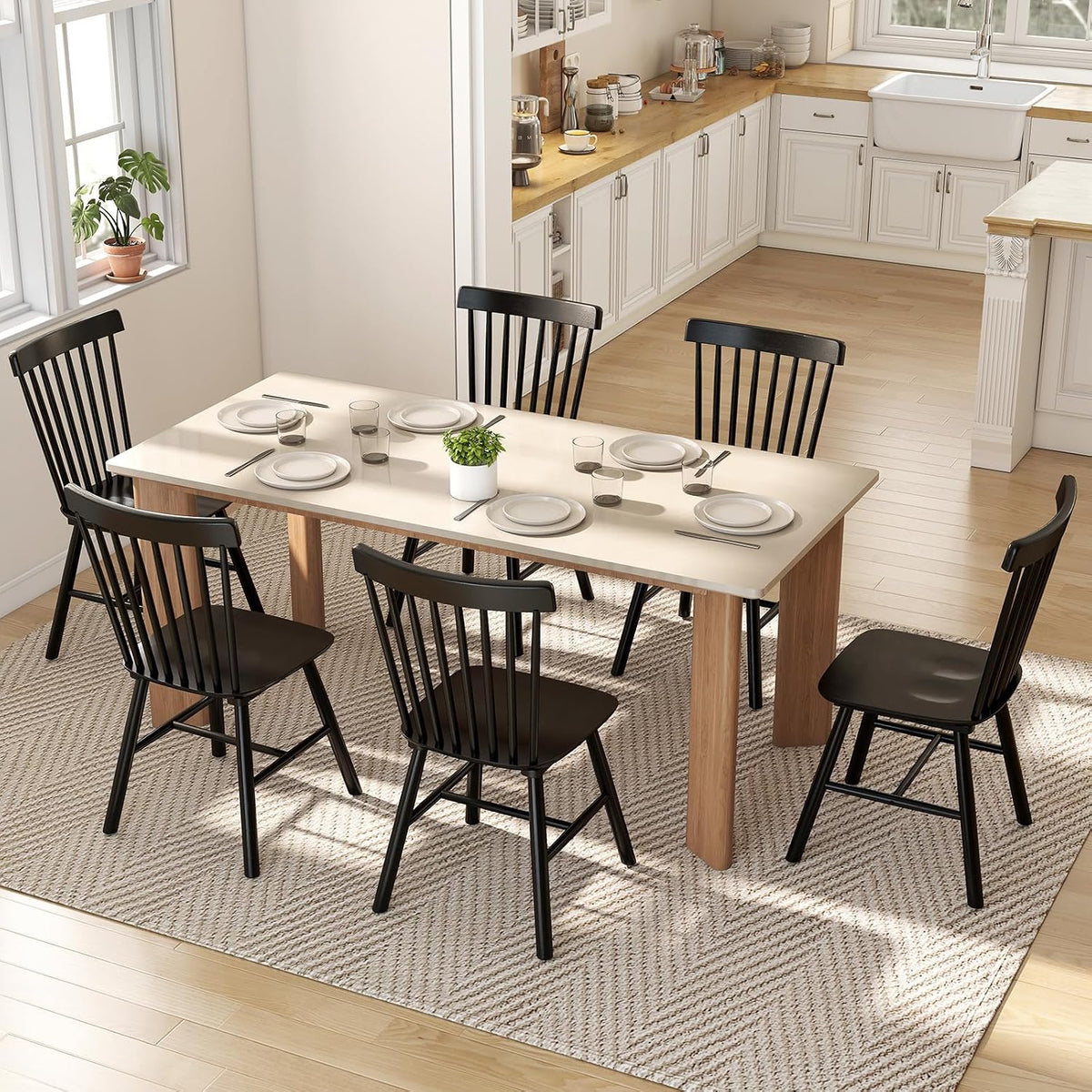 Kmax Dining Chairs Set of 4 Vintage Kitchen Chairs Windsor Chairs with Solid Wood Legs Farmhouse Country Style, Black