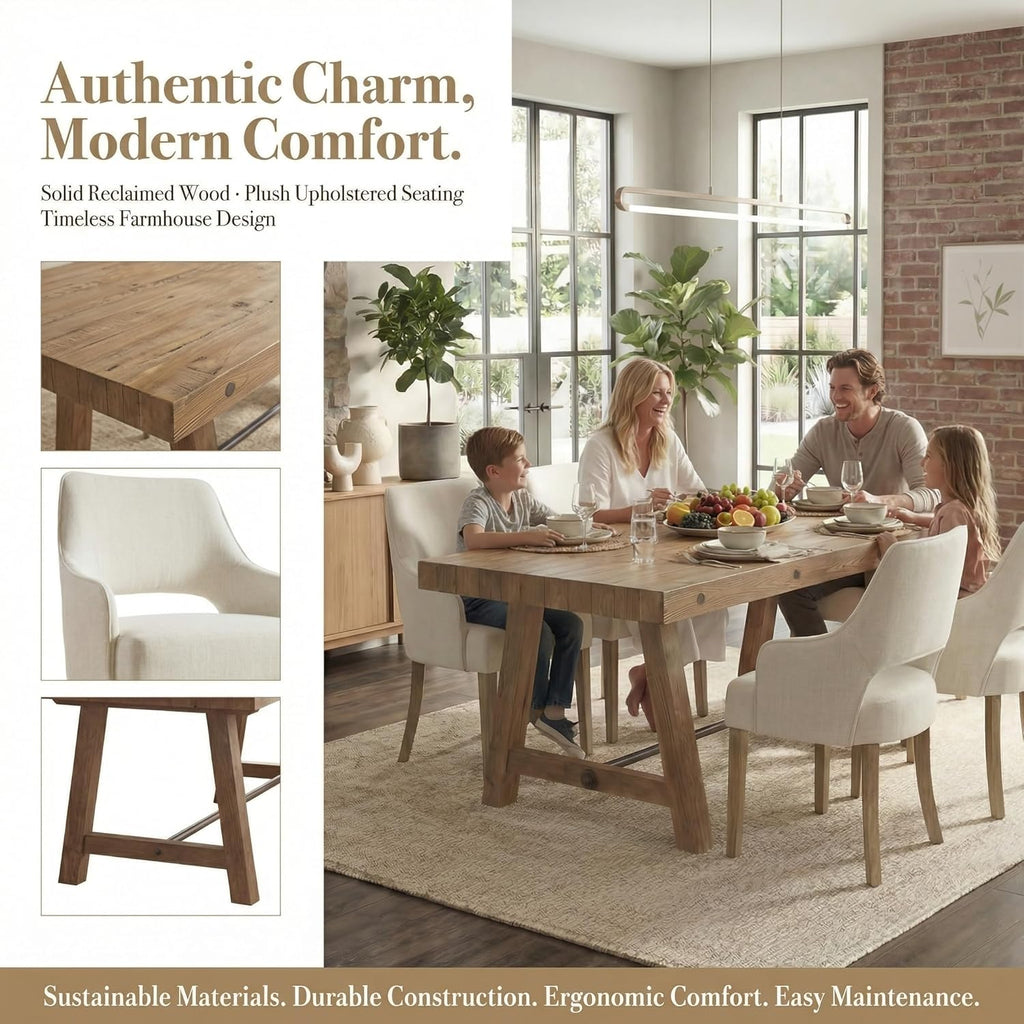 7-Piece Farmhouse Wooden Dining Room Table Set for 6, 59" Reclaimed Wood Dining Table with Upholstered Chairs, Solid Wood Kitchen Table & Chair Set for Dining/Kitchen Room, Brown
