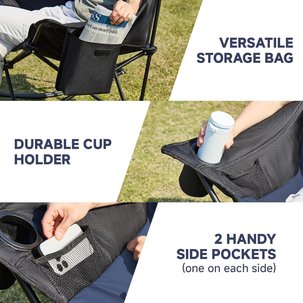 Youtanic Oversized Folding Rocking Camping Chair, Padded Portable Rocking Chair with Pockets, Cup Holder and Carry Bag, Heavy Duty Outdoor Rocker Patio Chair for Garden, Lawn, Up to 400lbs, Navy Blue
