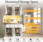 VK·LIVING 71" Kitchen Pantry Cabinet, Farmhouse Storage Cabinet with LED Lights & Charging Station, Coffee Bar Cabinet with Adjustable Shelves, 2 Drawers, Pegboard & Hooks, White