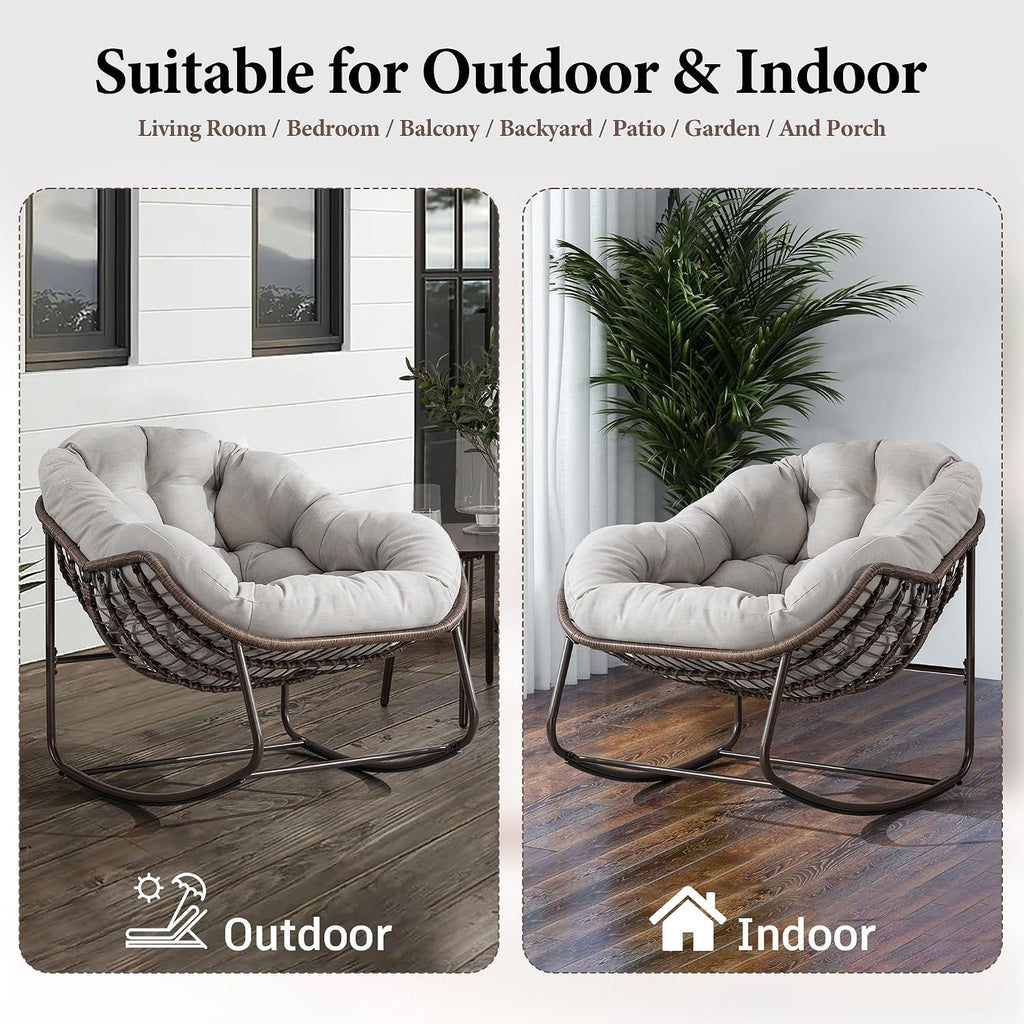 Large Indoor Outdoor Rocking Chair, Oversized Rocking Papasan Chair with Thick Cushion and Frame Outdoor Rocker, Comfy Wicker Egg Chairs Lounge for Outside Porch Patio Backyard Balcony (Beige)