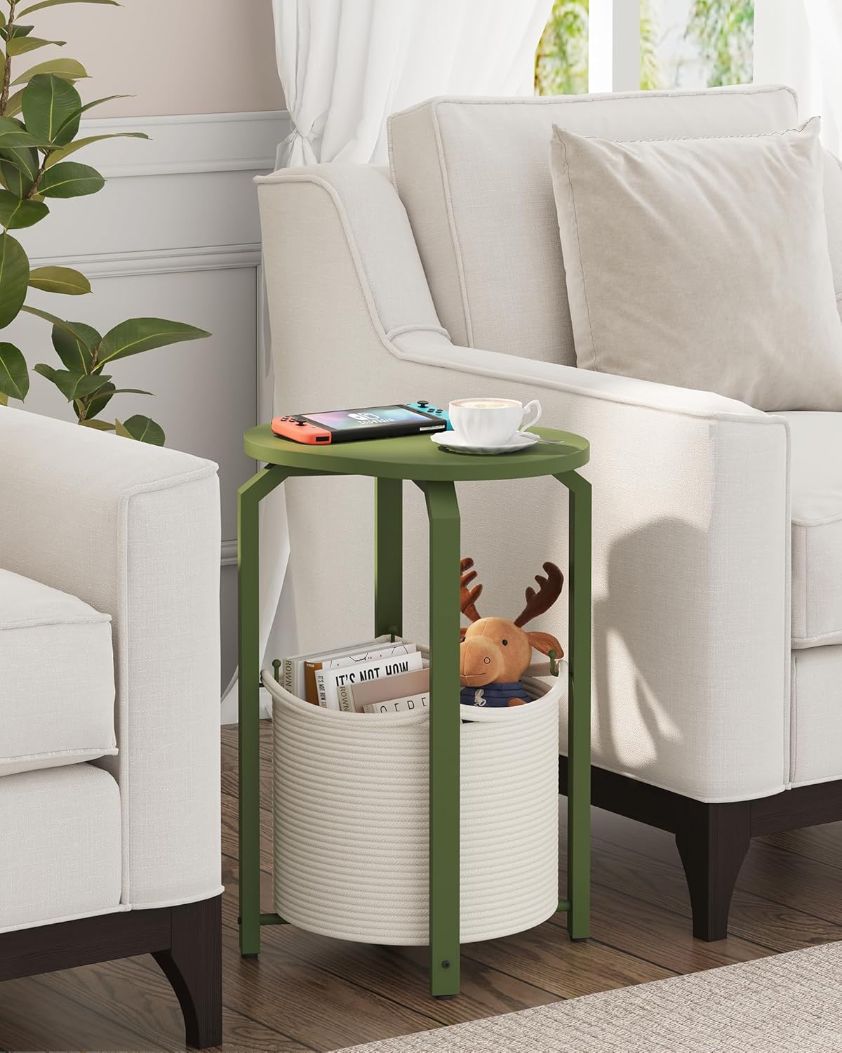TUTOTAK Oval End Table with Woven Storage Basket, Olive Green Small Side Table for Living Room, Bedroom, TB01BOG093