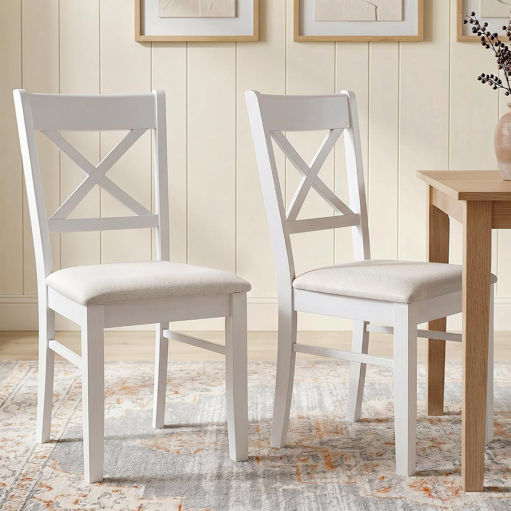 HOMCOM Dining Chairs Set of 2, Upholstered Kitchen Chairs with Rubberwood Frame, Padded Seat and Cross Back for Living Room, Dining Room, Kitchen, White