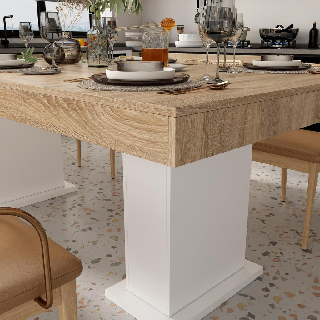 Modern Dining Table for 6-8 People, 78.7" Wood Kitchen Table with Stylish Pedestal, Long Rectangle Wooden Dinner Table for Dining Room, Brown & White