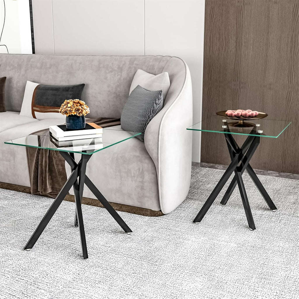 Modern Square End Table with Glass Top, Glass End Side Table for Living Room Office, 17.72 x 17.72 x 20.87 inches, Black Metal X-Base, Adjustable Feet (2, Black)