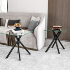 Modern Square End Table with Glass Top, Glass End Side Table for Living Room Office, 17.72 x 17.72 x 20.87 inches, Black Metal X-Base, Adjustable Feet (2, Black)