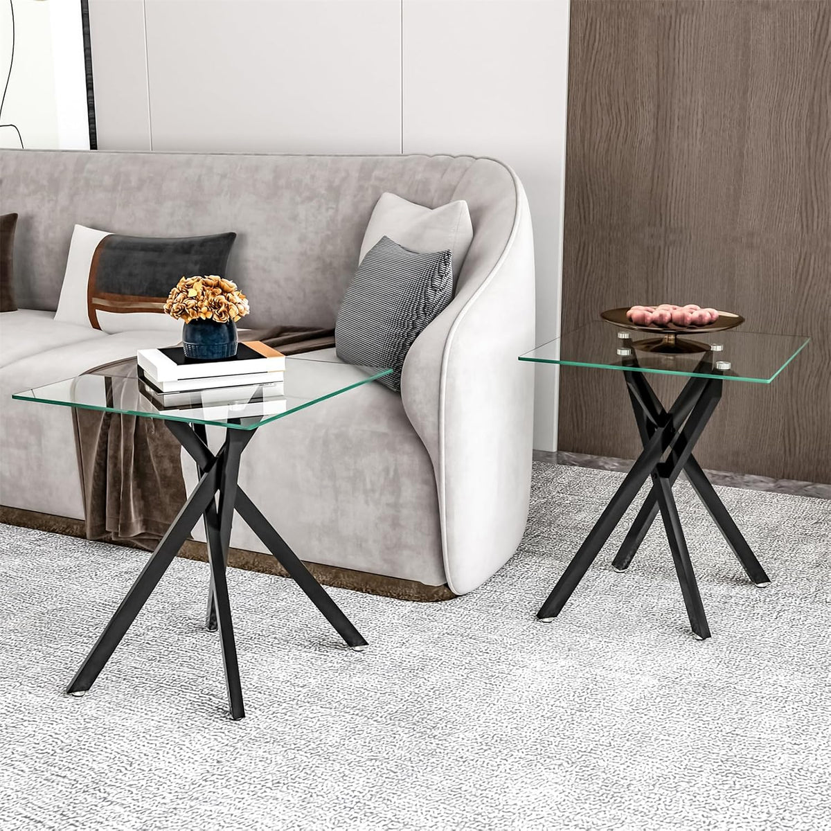 Modern Square End Table with Glass Top, Glass End Side Table for Living Room Office, 17.72 x 17.72 x 20.87 inches, Black Metal X-Base, Adjustable Feet (2, Black)