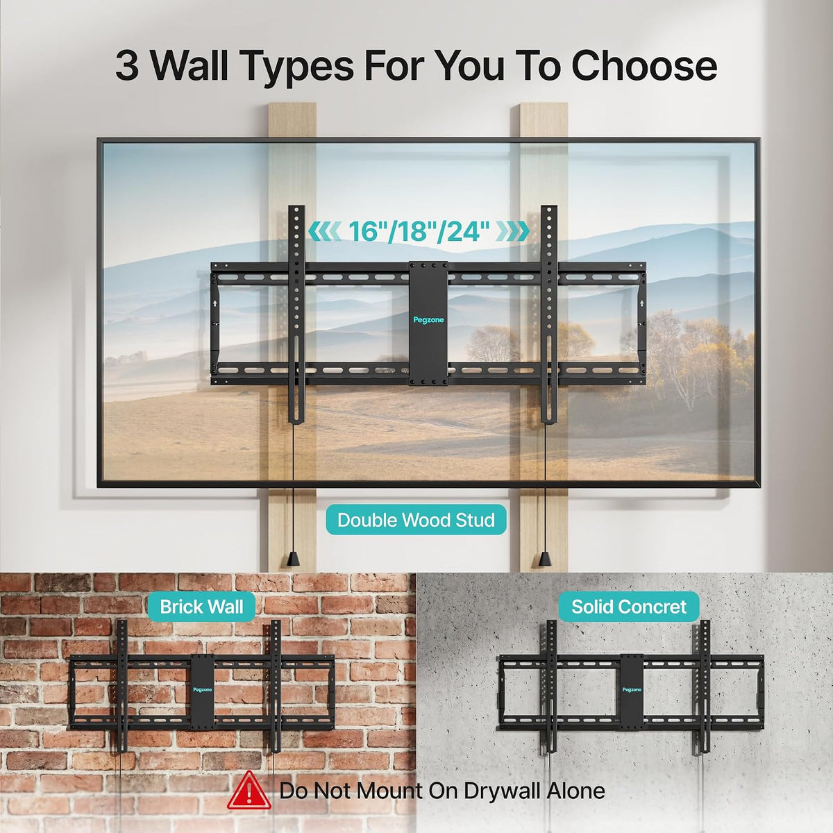 PEGZONE Low Profile TV Wall Mount for 43-95 Inch TVs, 1.1 Inch Ultra Slim | Fixed TV Wall Mount with 220 lbs Capacity, Max VESA 800x400mm, Fits 16"/18"/24" Wood Studs & Concrete Walls
