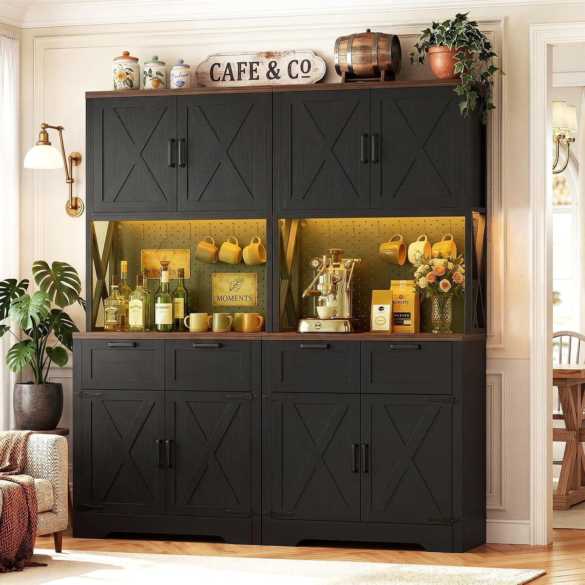 Unikito Pantry Cabinet with Microwave Countertop, 71" Tall Kitchen Pantry Storage Cabinet with Charging Station & LED Lights, Freestanding Kitchen Hutch with Drawers& Pegboard for Dining Room, Black