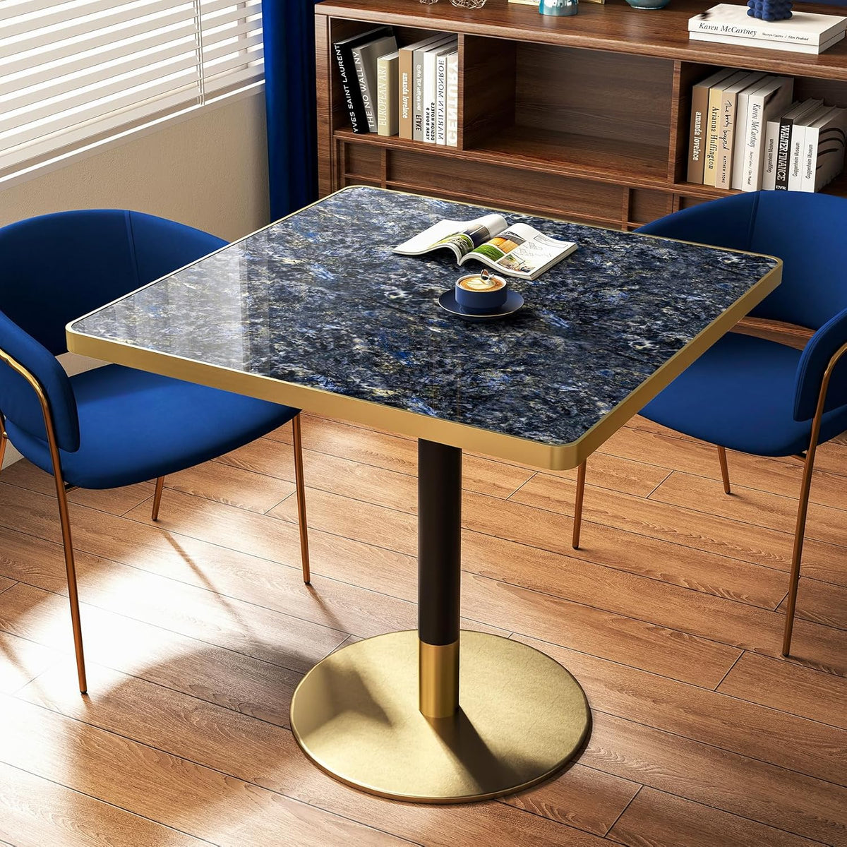 31.5'' Tulip Table, Square Pedestal Dining Table with Sintered Stone Tabletop, Gold Aluminum Alloy Edge & Base, Bistro Table for 2-4 Person for Kitchen/Cafe/Small Spaces/Restaurant (Sapphire Galaxy)