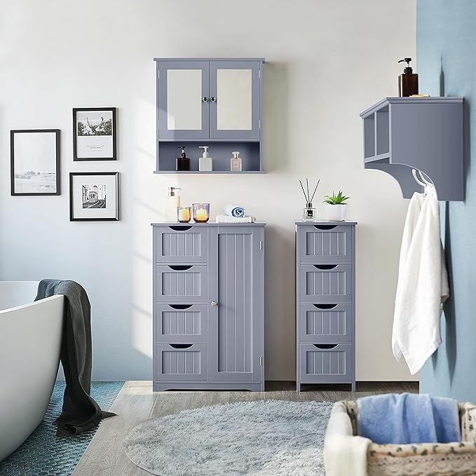 Yaheetech Bathroom Floor Cabinet, Freestanding Storage Organizer Unit Kitchen Cupboard W/ 4 Drawers & Adjustable Shelves, Using for Kitchen/Bathroom, Gray