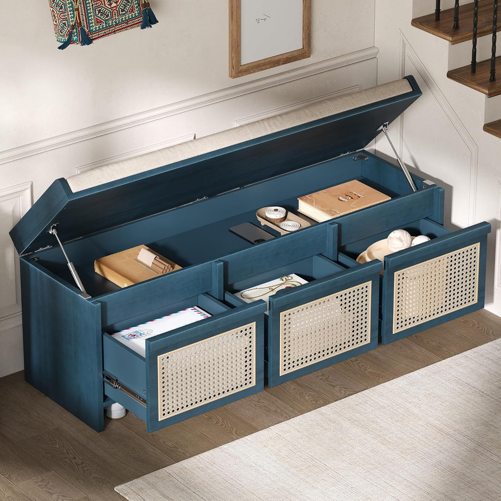 SOFTSEA 48" Shoe Storage Bench with Cushion, 2-Tier Entryway Bench with 3 Rattan Storage Drawers & Lift Top Storage, Retro Shoe Cabinet for Hallway, Bedroom, Living Room, Navy