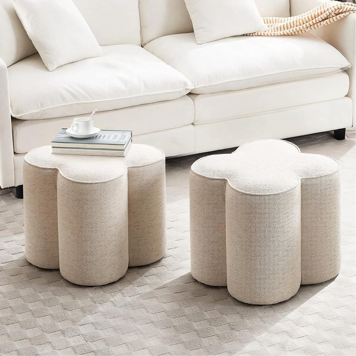 Zesthouse Flower Pouf Ottomans Foot Rest Set of 2, Linen Poofy Ottomans | Large Ottoman Footstool for Couch, Modern Living Room Stool Seat, Cute Square Vanity Stool for Bedroom, Beige Dorm Foot Stool