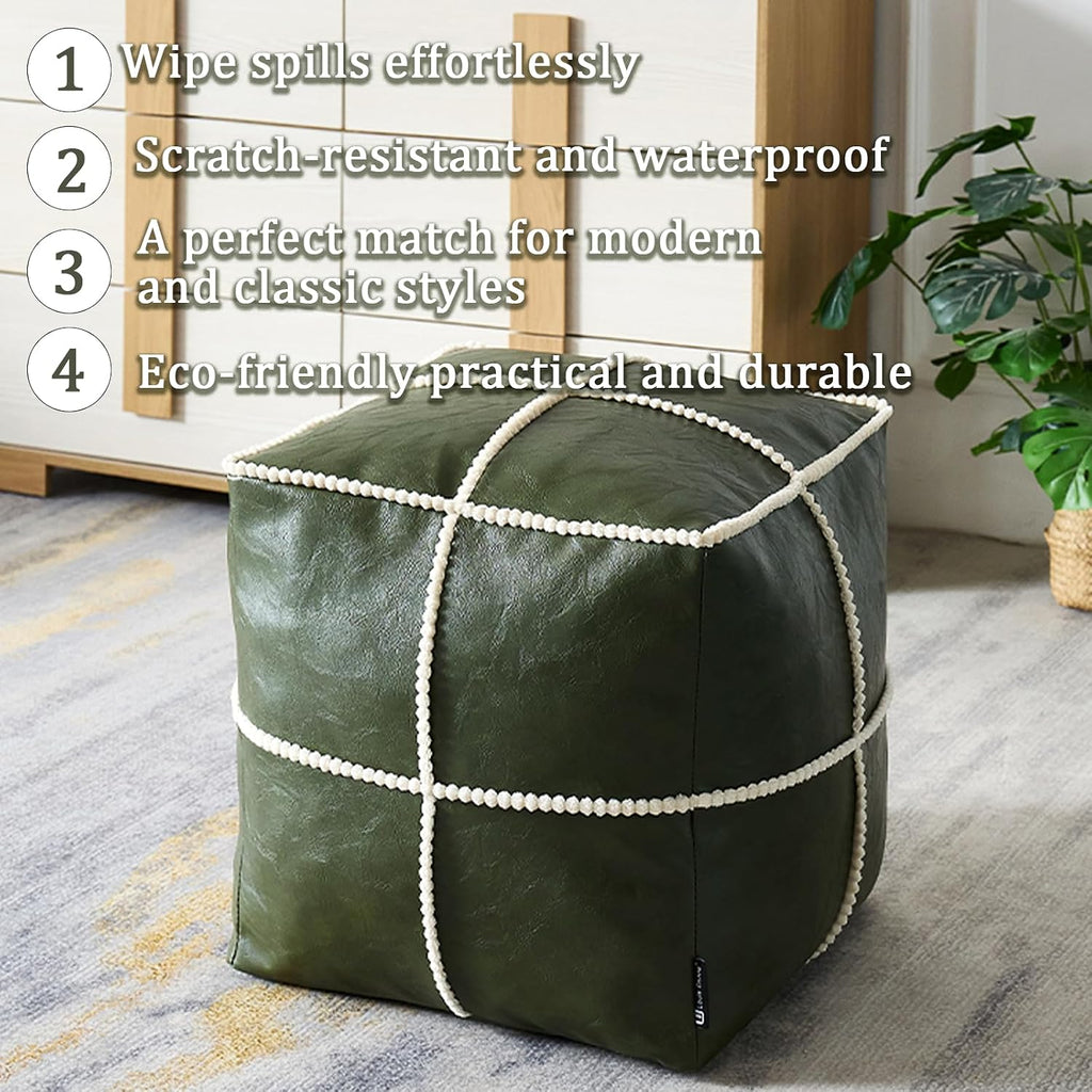 Louis Donné 18 Inch Square Unstuffed Pouf Ottoman Cover, Waterproof Faux Leather Moroccan Boho Footstool, Easy Clean Green Storage Foot Rest Decor for Living Room (Cover Only, No Filler)