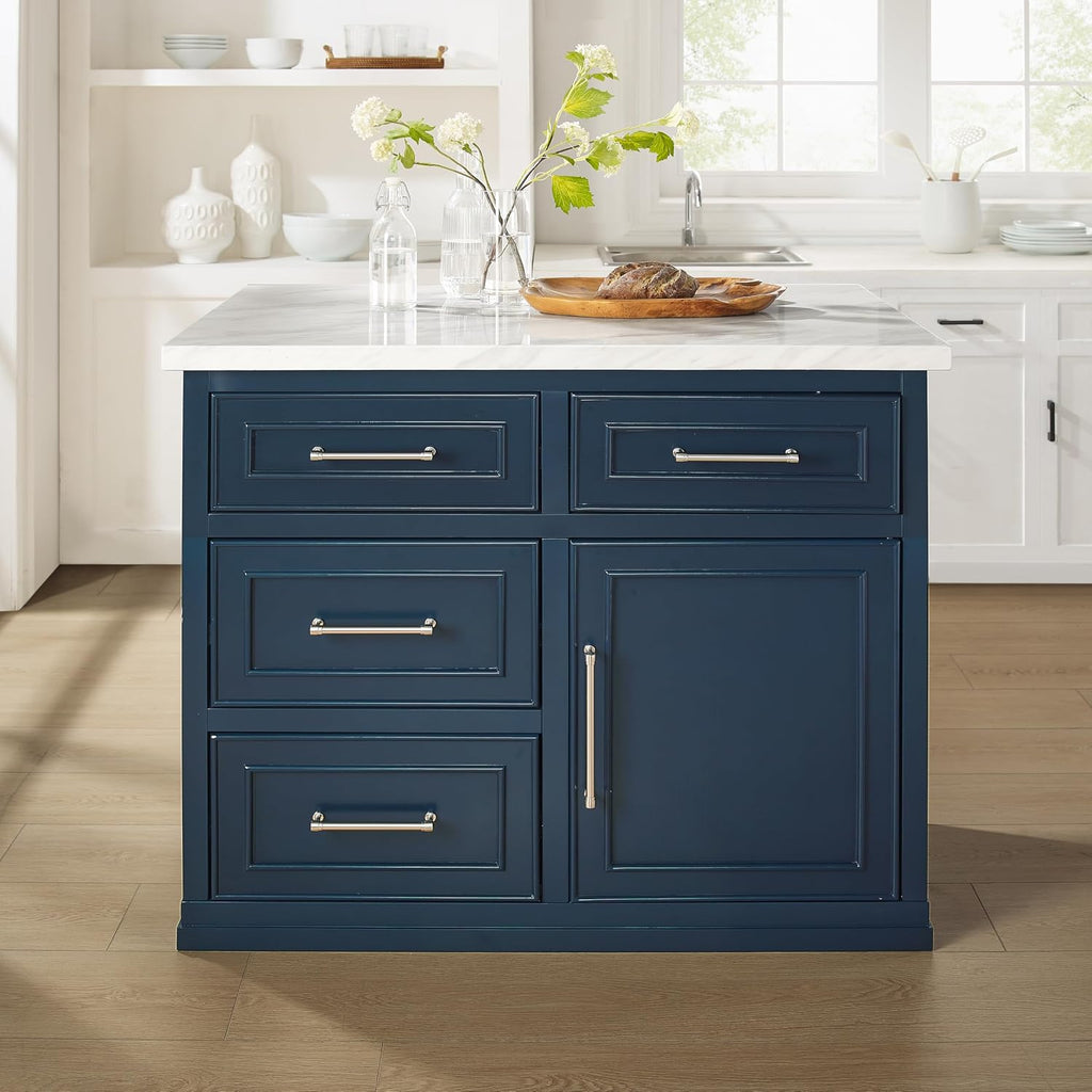 Crosley Furniture Cutler Faux Marble Top Kitchen Island with Storage, Breakfast Bar, Microwave Stand, Navy