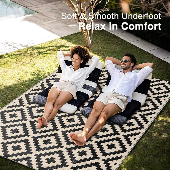 OLANLY Waterproof Outdoor Rug 5x8 ft, Outdoor Plastic Straw Rug for Camping, RV Mat Outside, Outdoor Carpet for Porch, Deck, Backyard, Balcony, Picnic, Black & Beige