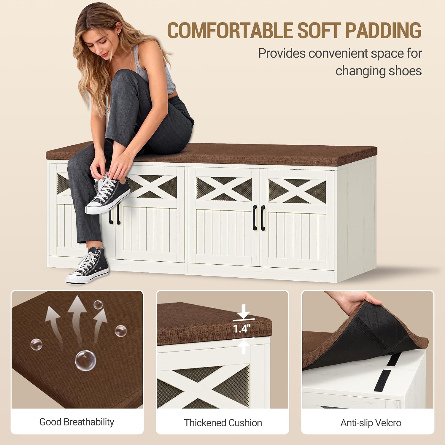 Hzuaneri 47.2" Shoe Storage Bench, Farmhouse Shoe Bench with Cushion & Door | 2-Tier Farmhouse Wooden Storage Bench with Padded Cushion , for Bed end bench, Entryway, Living Room, Rustic White SB61214KA