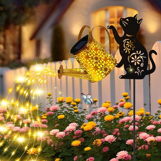 Solar Lights Outdoor Decorative, Watering Can with Cascading Lights, with Cat Silhouette Garden Stakes, Waterproof Metal Garden Decor for Yard Art, Outside, Patio, Lawn Ornaments