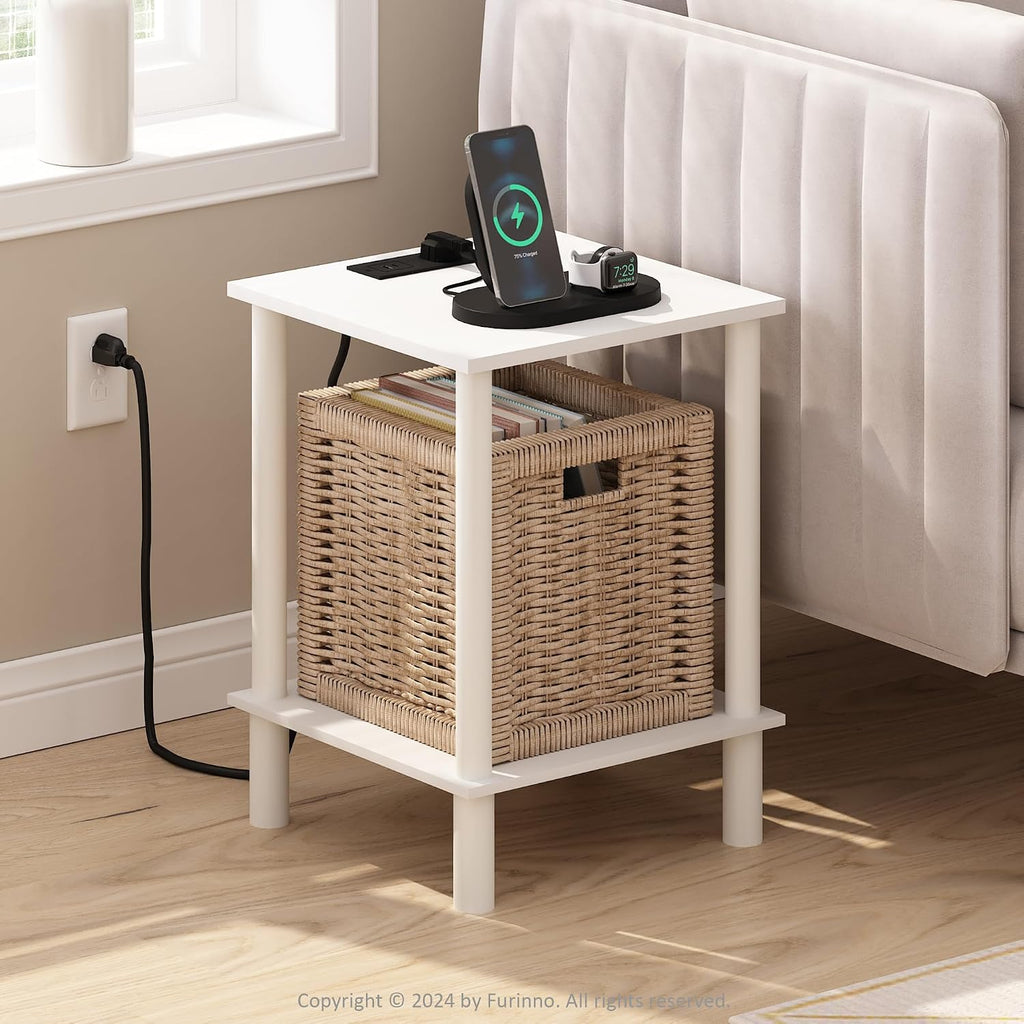 Furinno Turn-N-Tube Side Table, 2-Tier Square End Table with Charging Station, Night Stand, Bedside Table with USB and Type-C Port, for Living Room, Bedroom, White