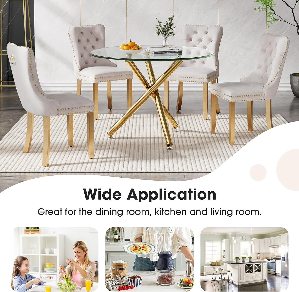 Round Glass Dining Table Set for 4, Small Kitchen Table Set for 4, 47" Circle Gold Glass Dinner Table for 4 with Beige Velvet Chairs, 5 Piece Dining Room Table Set for 4 for Breakfast Dinette Cafe