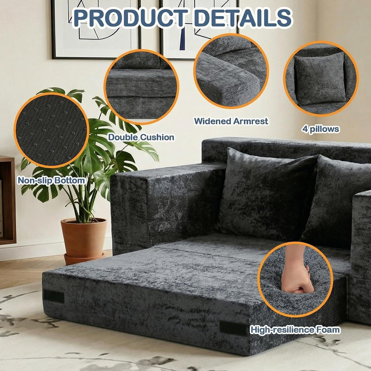 Couch Small, 3-in-1 Loveseat Sleeper Sofa Bed Convertible Sofa Bed with 4 Pillows, Black Couch for Living Room, Guest Room, Small Space
